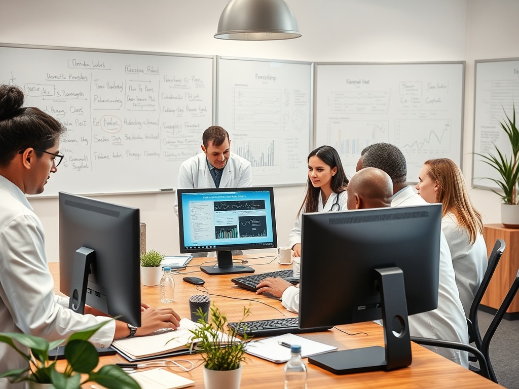 Группа людей в белых халатах обсуждает данные на компьютере в современном офисе. На стенах графики и заметки.