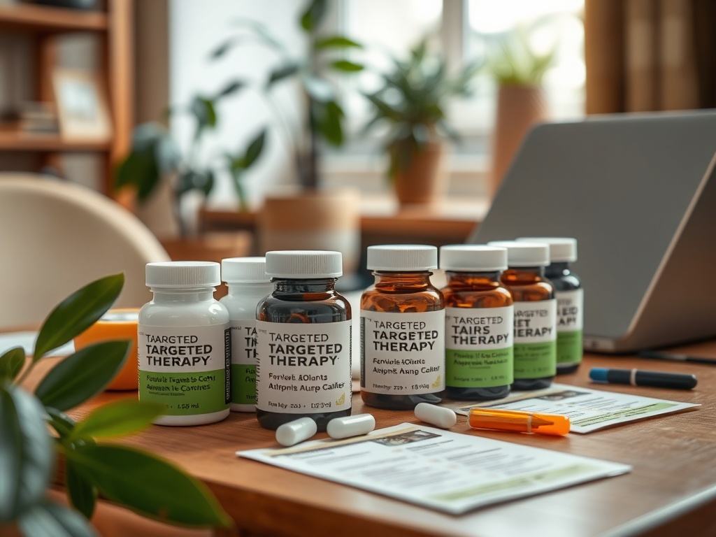 На столе стоят упаковки лекарств с надписью «Целевая терапия» и несколько медицинских документов.