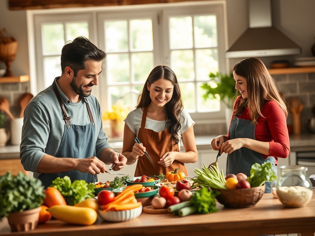 Два мужчине и одна женщина готовят еду на кухне, окружённые свежими овощами и фруктами. Веселая атмосфера.