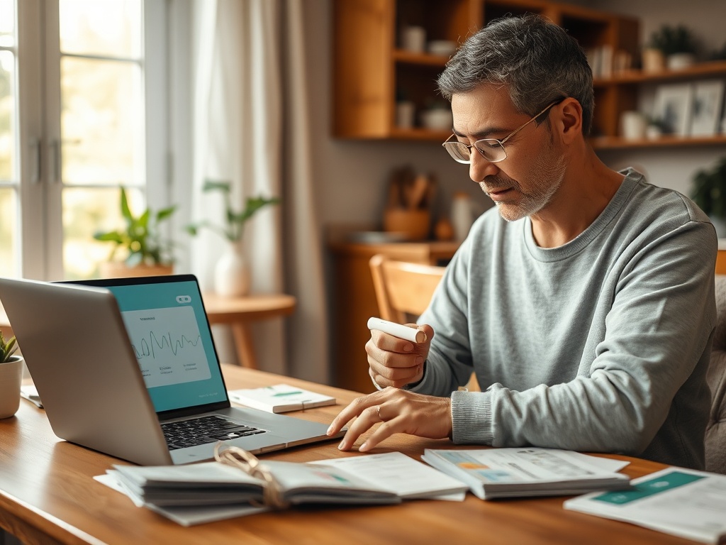 Мужчина сидит за столом, работает на ноутбуке и использует устройство для здоровья. В комнате уютная атмосфера.