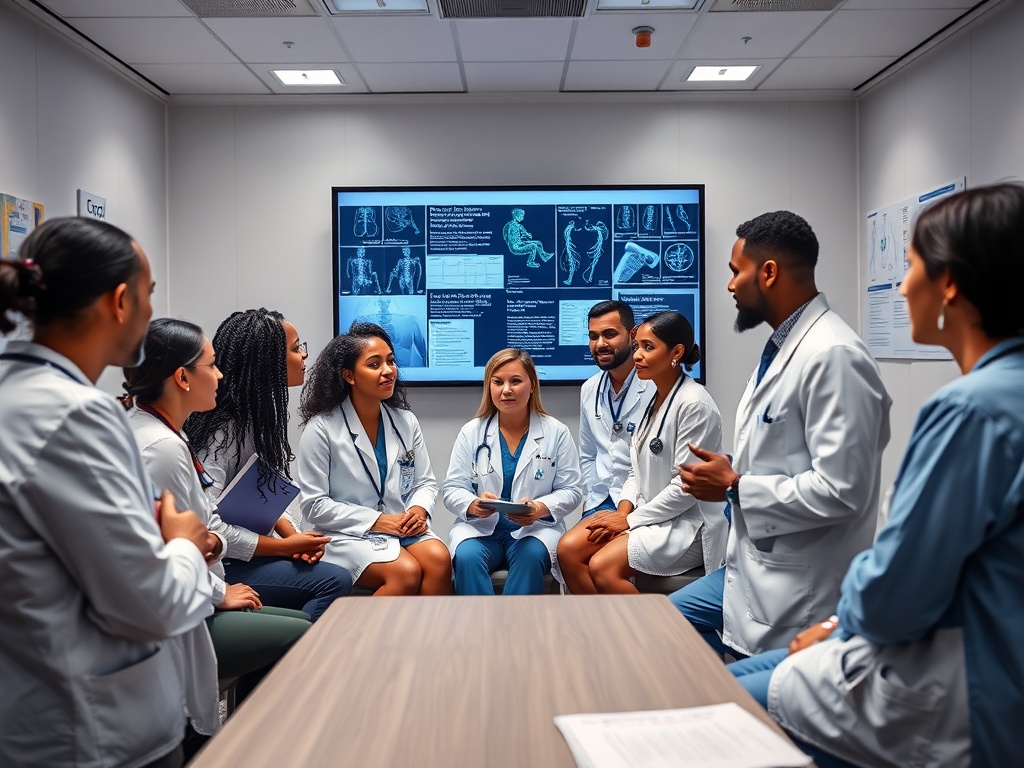Группа врачей обсуждает медицинские случаи в комнате для заседаний с экраном на заднем плане.