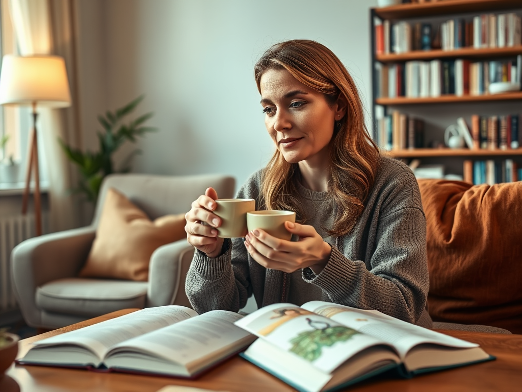 Женщина в уютной обстановке держит две чашки и смотрит на открытую книгу на столе.