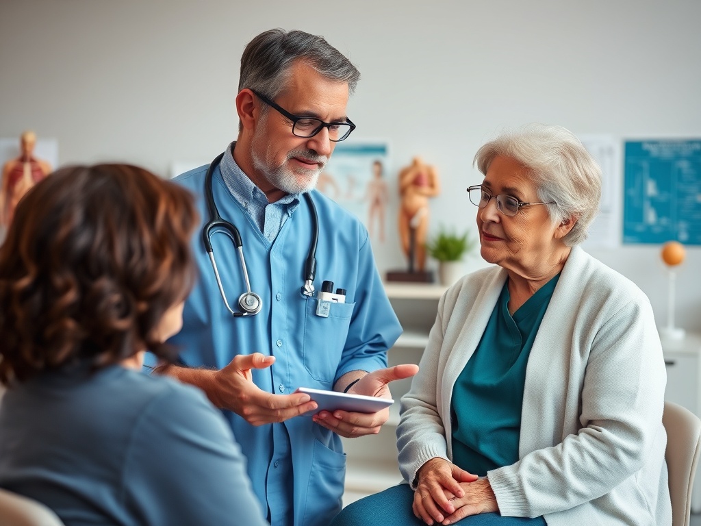 Врач обсуждает информацию с двумя пациентками в медицинском кабинете. Одна из них выглядит более пожилой.