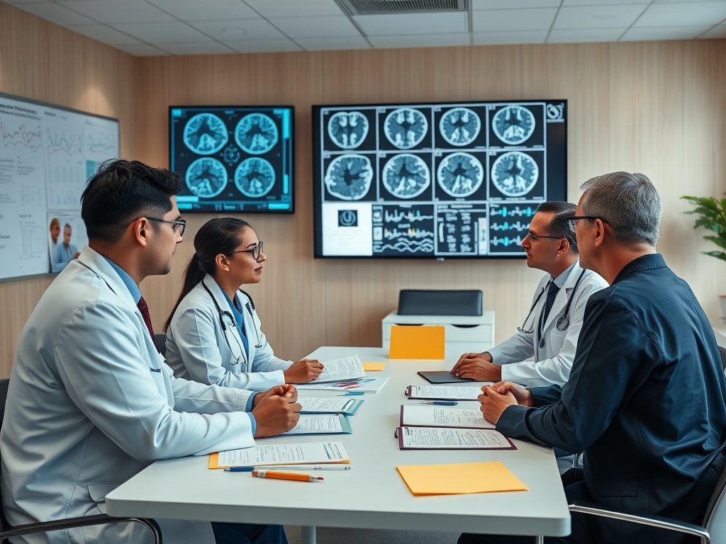 Четыре врача обсуждают результаты исследований на встрече в современном медицинском центре.