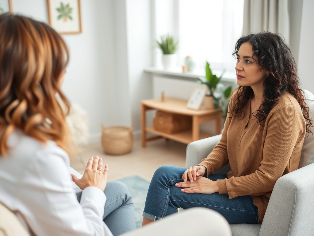 Две женщины ведут разговор в уютном помещении, одна из них в светлом свитере, другая слушает внимательно.