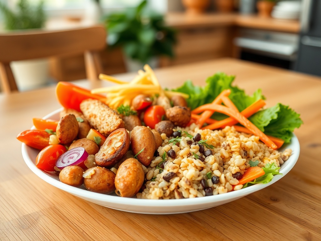 На тарелке разнообразные овощи, жареные картофель и рис с зеленью, все свежие и аппетитные.