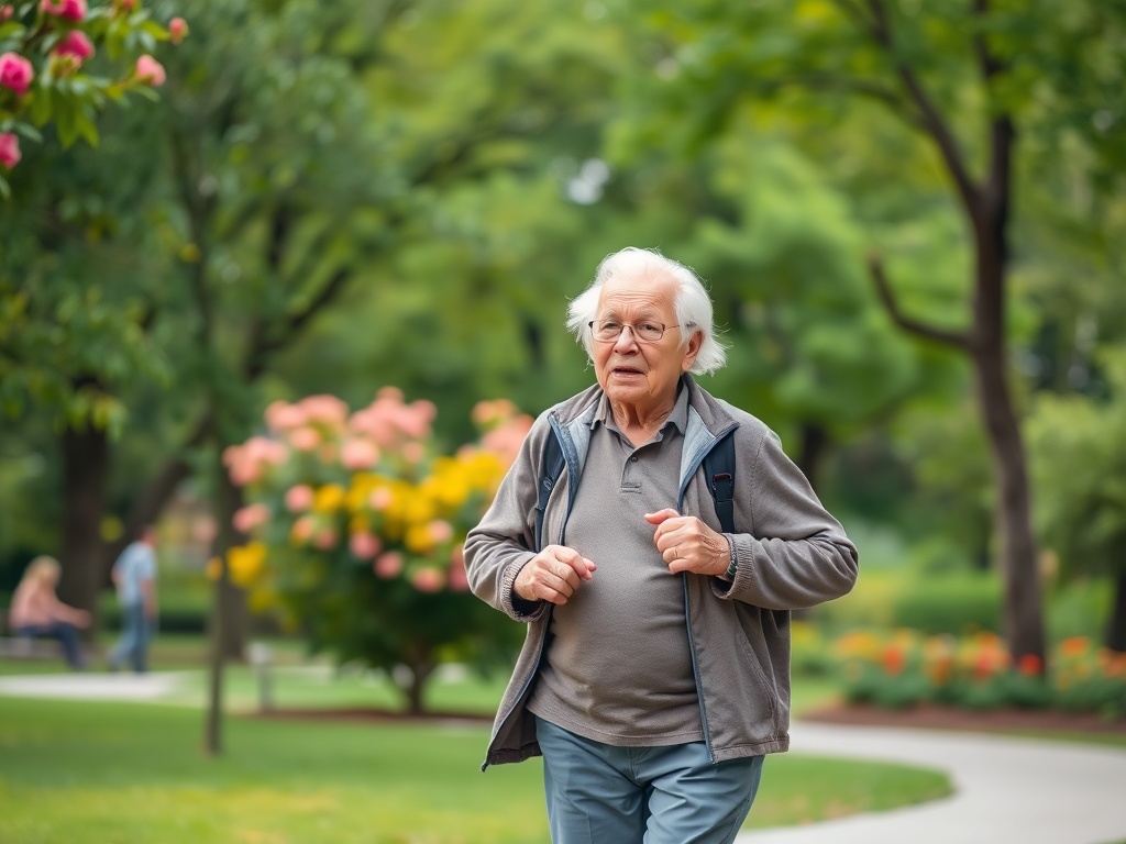 Пожилой мужчина в парке прогуливается среди зелени и цветов, наслаждаясь временем на свежем воздухе.