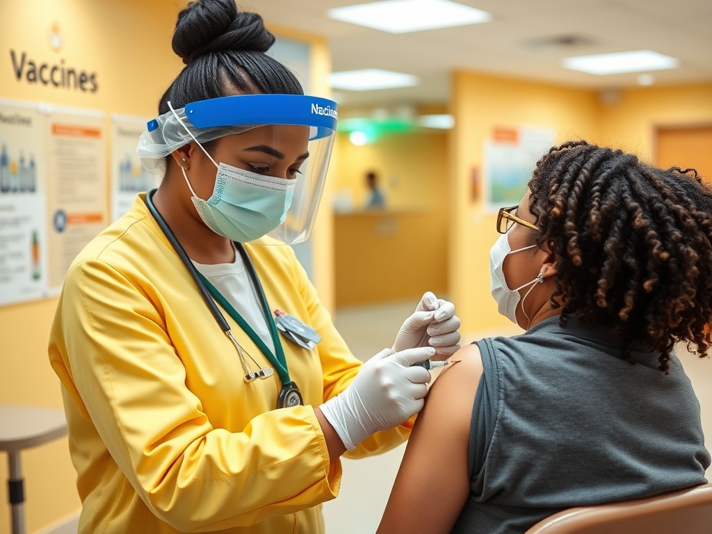 Медсестра в защитном экране делает прививку пациенту в медицинском кабинете. На стене плакат о вакцинации.