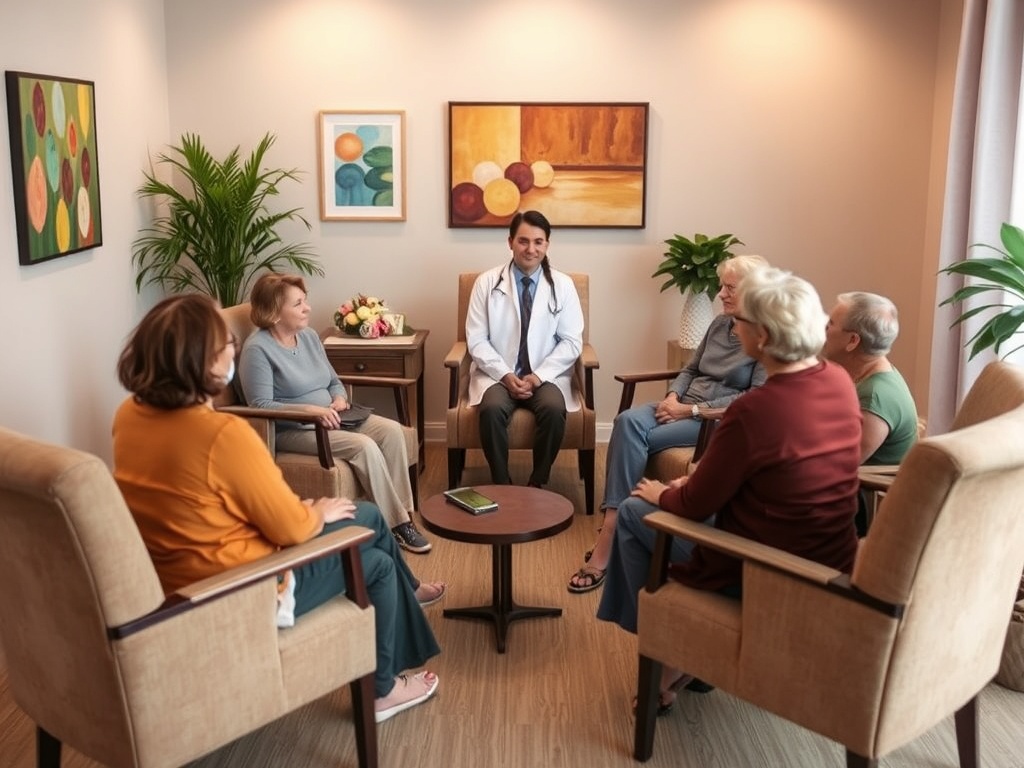 Группа пожилых людей общается с врачом в уютной комнате с живописными картинами на стенах.