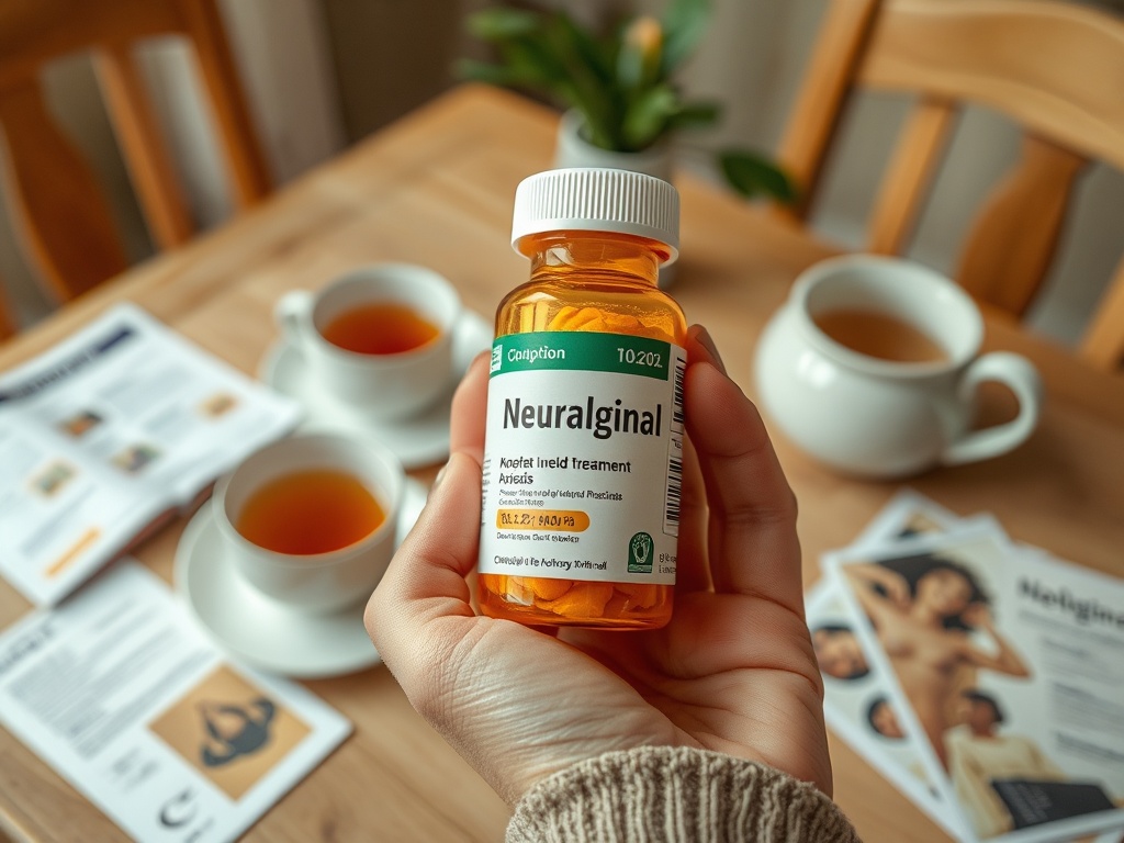 На столе чашки чая и упаковка лекарства Neuralginal. На заднем плане рекламные материалы.