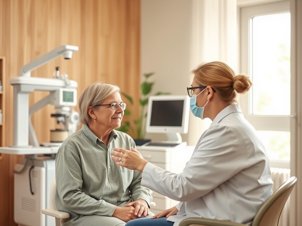 Дожилая женщина беседует с врачом в кабинете офтальмолога, оба в масках, атмосфера спокойная.