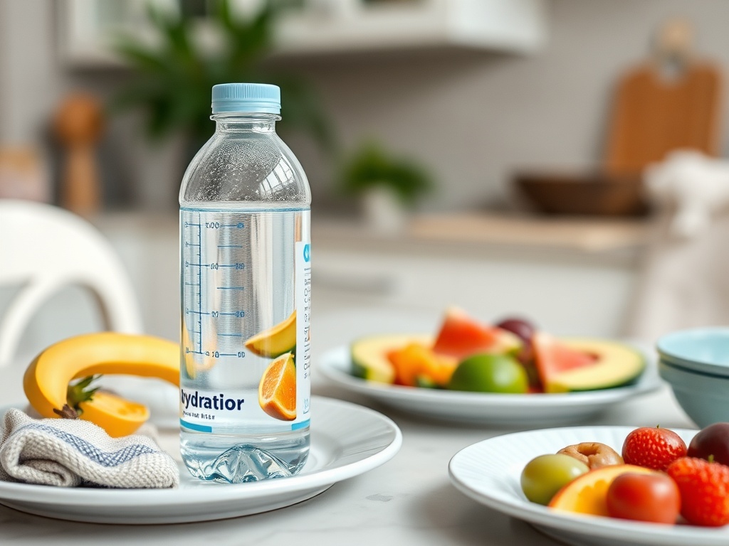 На столе стоят бутылка воды с кусочками апельсина и тарелки с фруктами. Светлая кухня на заднем плане.