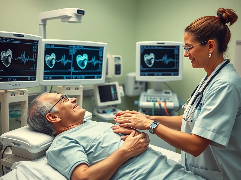Медсестра общается с пациентом в клинике, рядом мониторы с кардиограммами и медицинское оборудование.