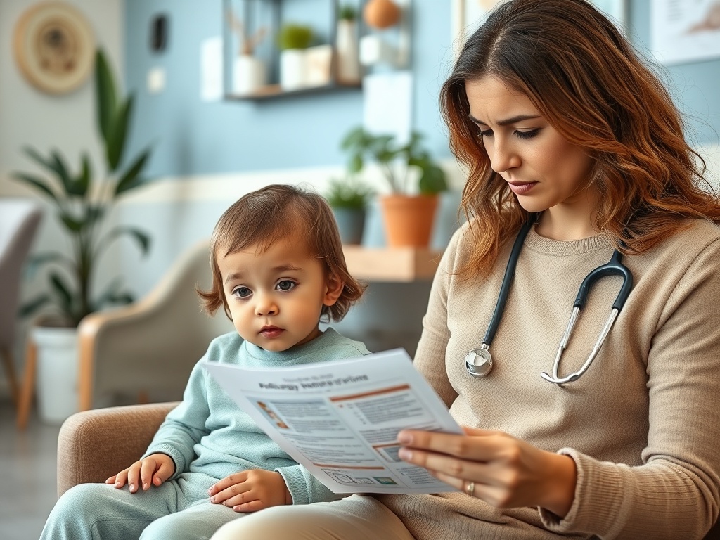 Женщина в медической одежде сидит с ребенком и читает информативный буклет в уютном кабинете.