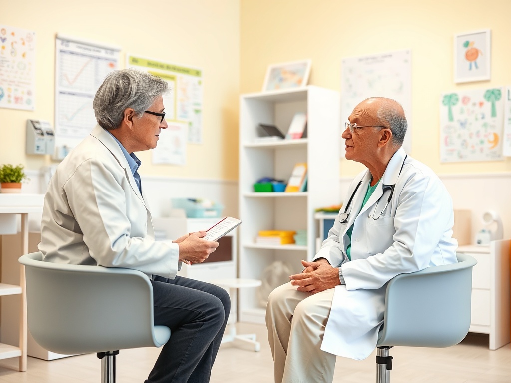 Два врача обсуждают медицинские вопросы в кабинете. Один держит планшет, оба сидят в современных креслах.