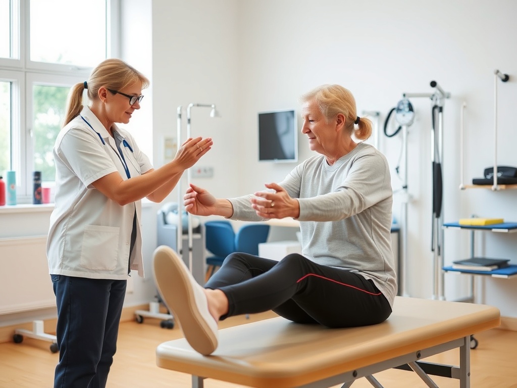 Врач помогает пожилой женщине выполнять упражнения на реабилитационном столе. Атмосфера доверия и поддержки.