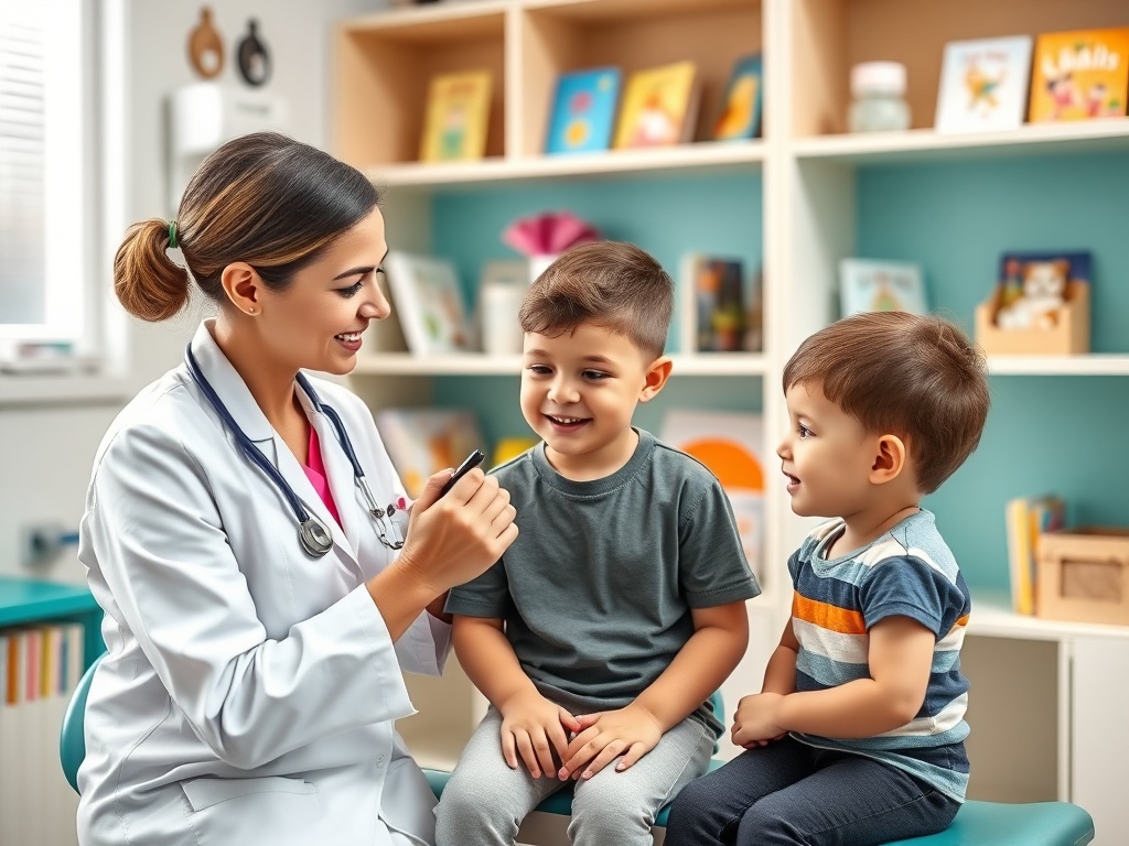 Врач в белом халате общается с двумя маленькими мальчиками в детской кабинете. Вокруг книги и игрушки.