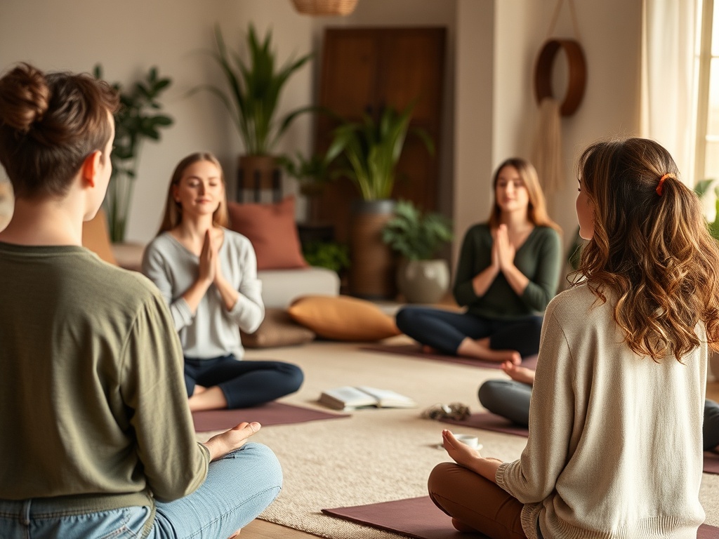 Группа женщин занимается йогой в уютном пространстве с зелеными растениями и мягким светом.