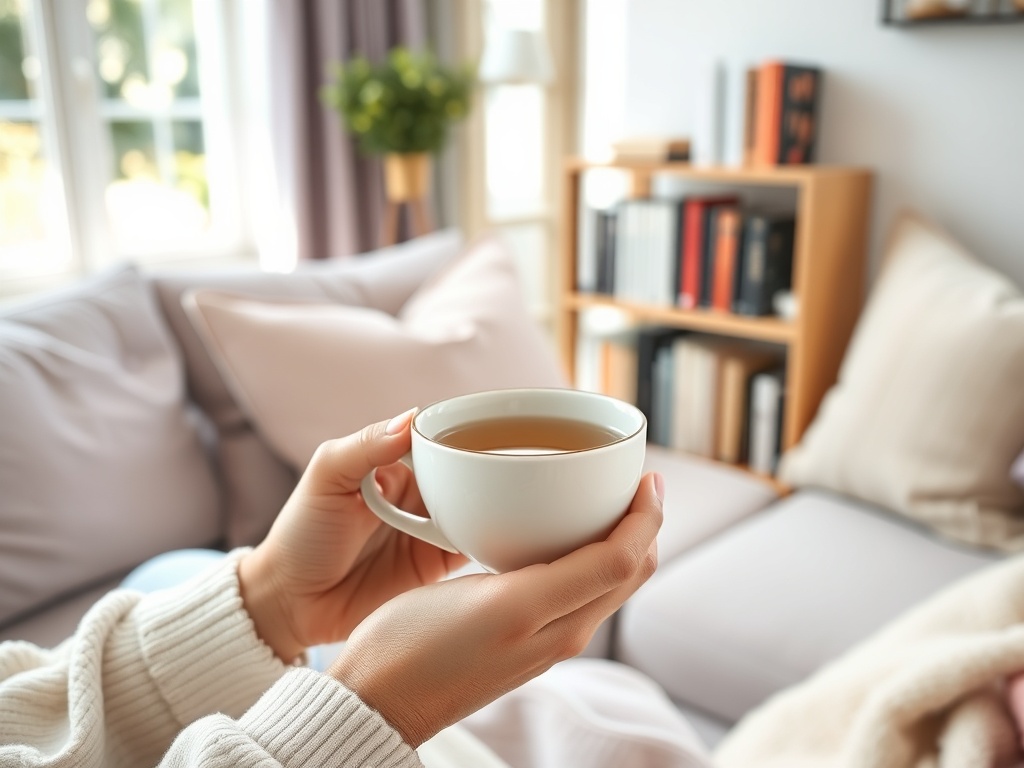Человек держит чашку чая, сидя на диване в уютной обстановке с книжной полкой на заднем плане.