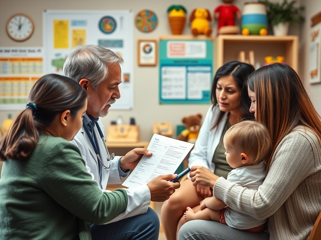 Врач объясняет мамам информацию из медицинского документа в кабинете детской консультации.