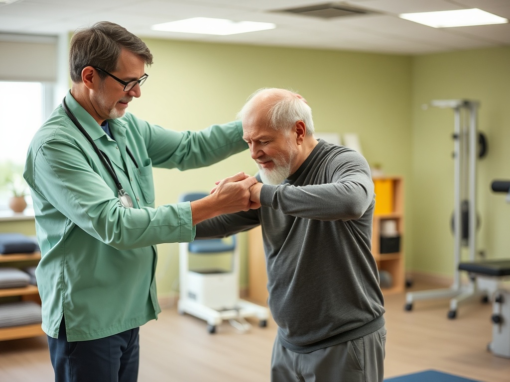 Врач помогает пожилому пациенту во время физической терапии в уютном кабинете.