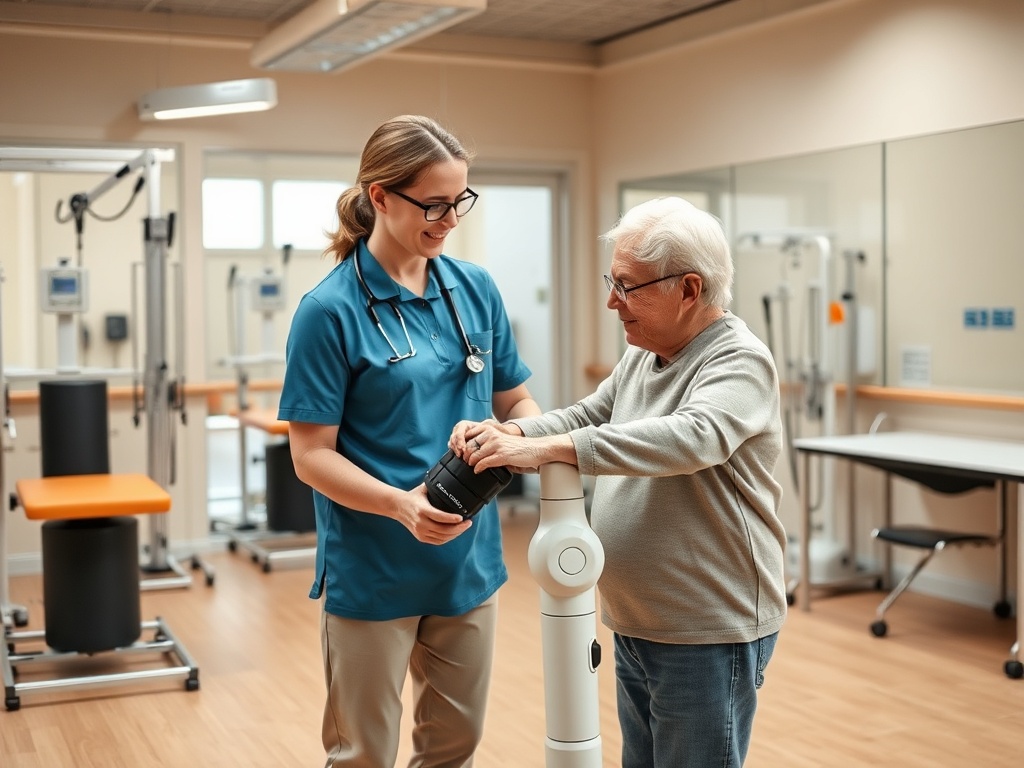 Медсестра помогает пожилому человеку с медицинским оборудованием в rehabilitационном центре.
