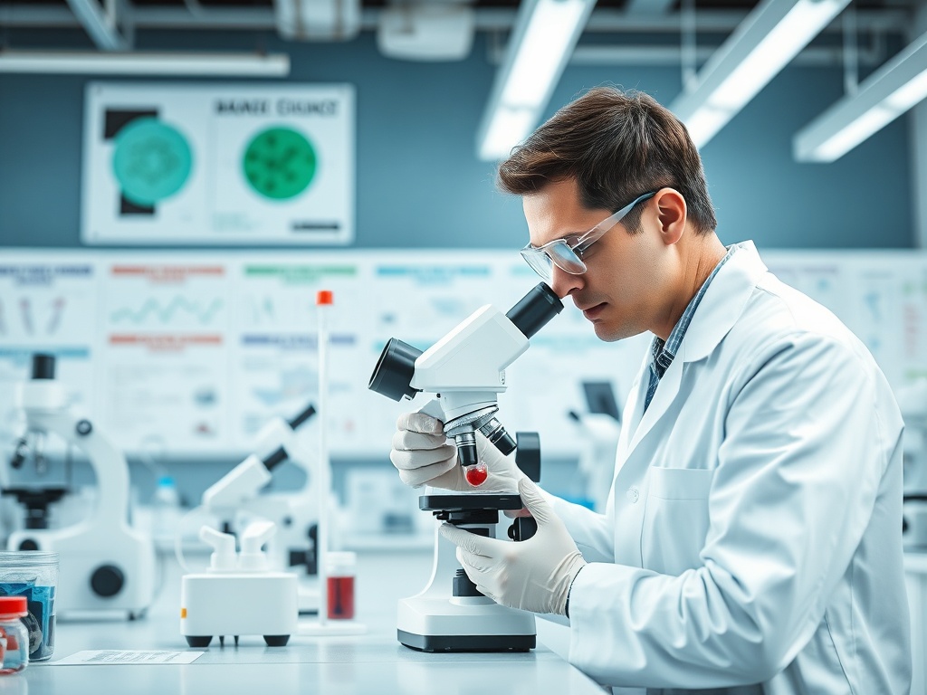 Учёный в лаборатории рассматривает образец под микроскопом, окружённый лабораторным оборудованием.