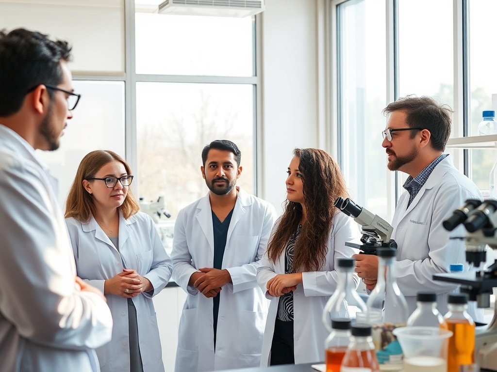 Группа ученых в лаборатории обсуждает эксперимент, окружаемая пробирками и микроскопами.