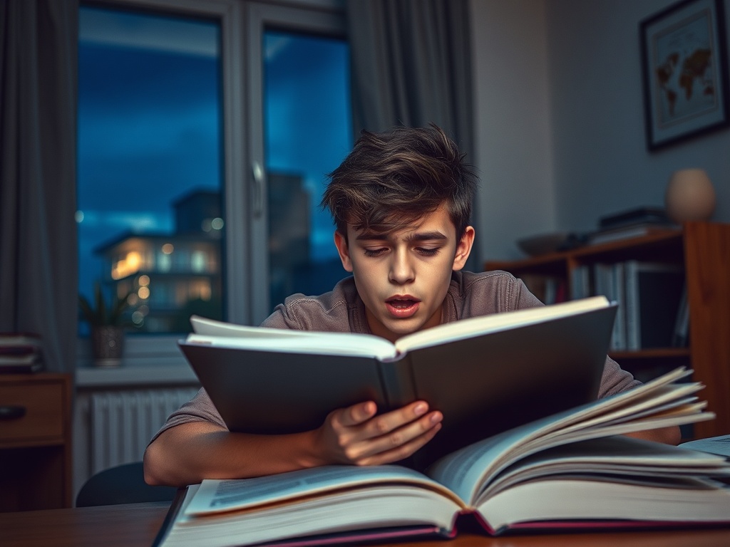 Подросток читает книгу в вечернее время, сидя за столом с уютным освещением. За окном видны огни города.