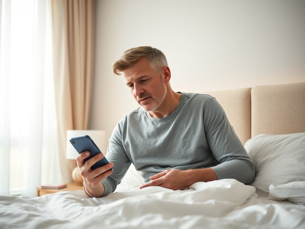 Мужчина сидит на кровати, смотрит на телефон с озабоченным выражением лица.