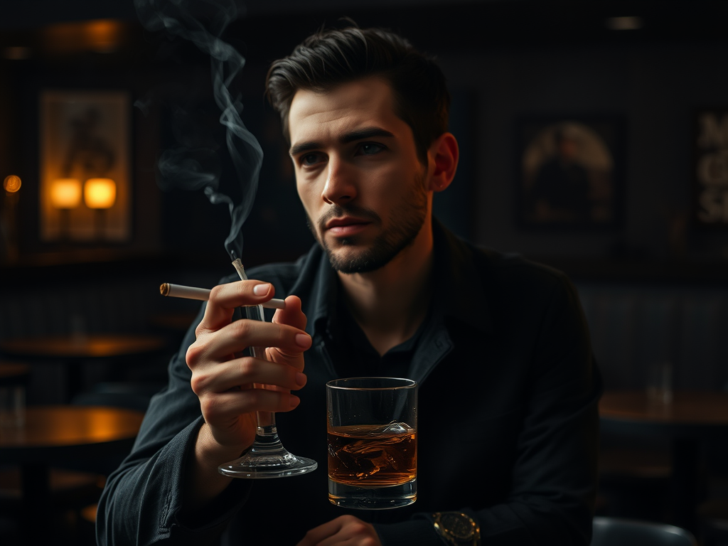 Молодой человек с сигаретой в одной руке и бокалом whisky в другой, сидит в уютном баре.