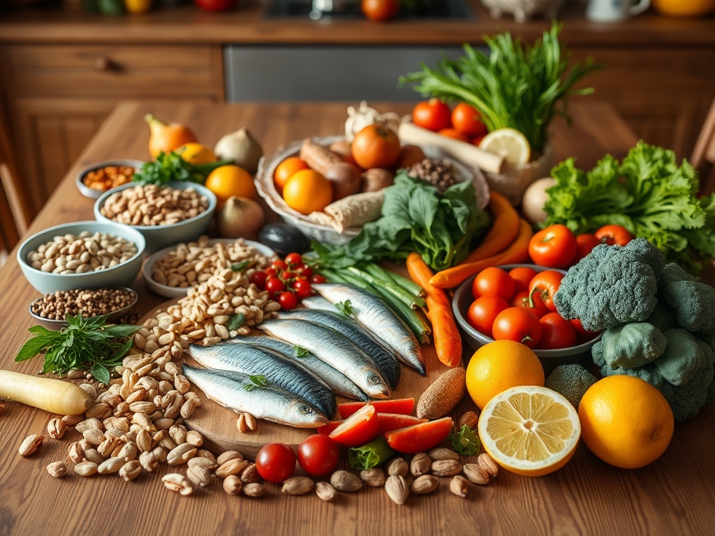 Разнообразие свежих овощей, фруктов, рыбы и орехов на деревянном столе в уютной кухне.