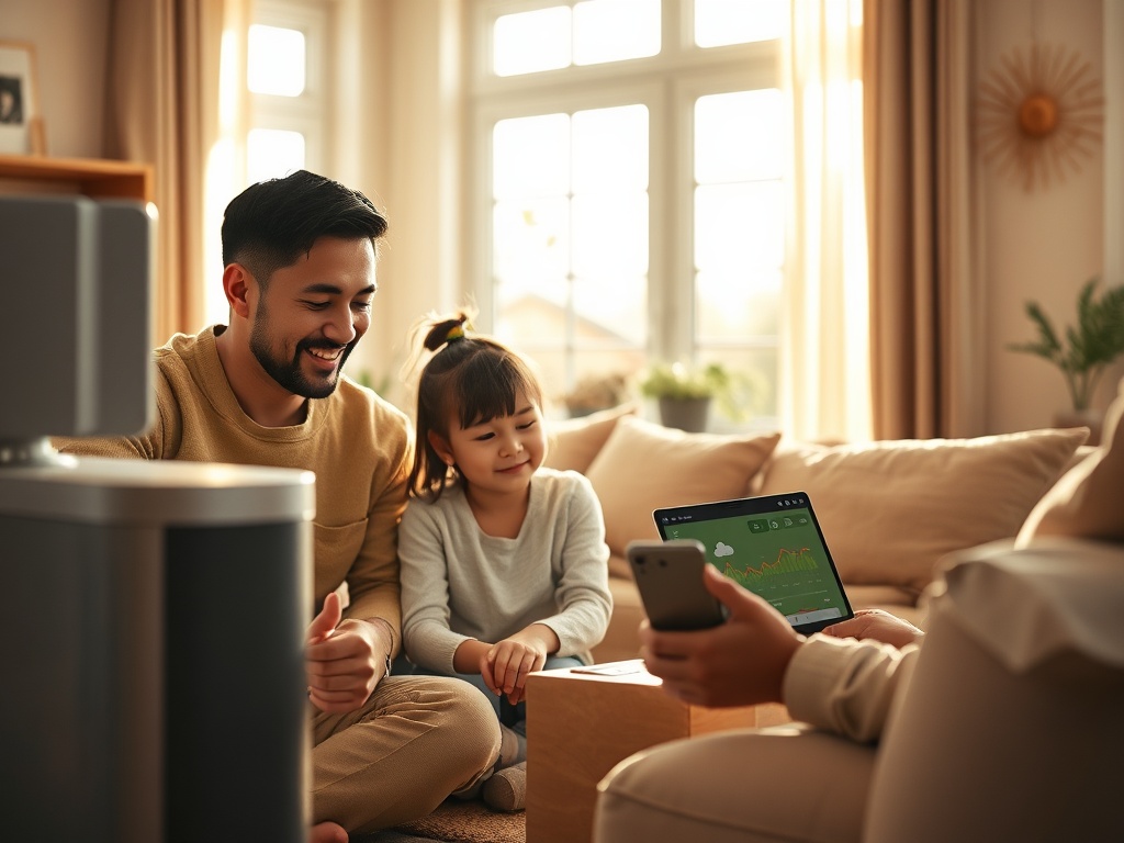 Счастливый отец и дочь играют в уютной комнате, обсуждая данные на экране планшета.