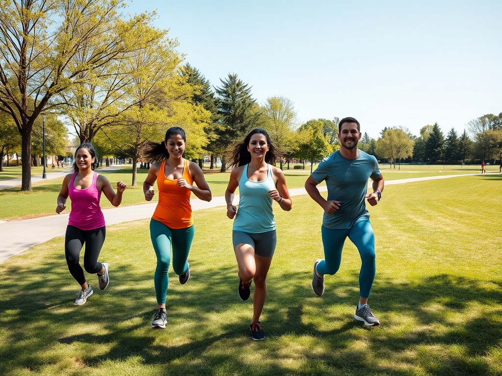 Группа из четырех человек бежит по парку в солнечный день, одетые в спортивную одежду.