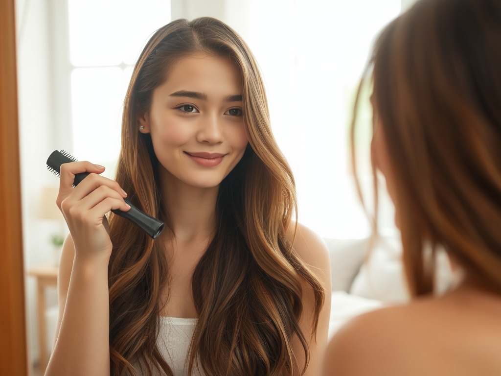 Девушка с длинными волосами улыбается, держа расческу перед зеркалом в светлом интерьере.
