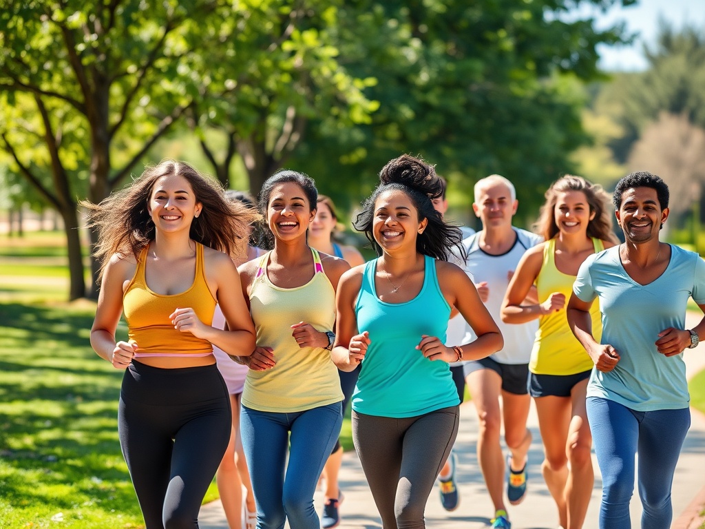 Группа молодых людей бегает в парке, весело общаясь и наслаждаясь активным отдыхом на свежем воздухе.