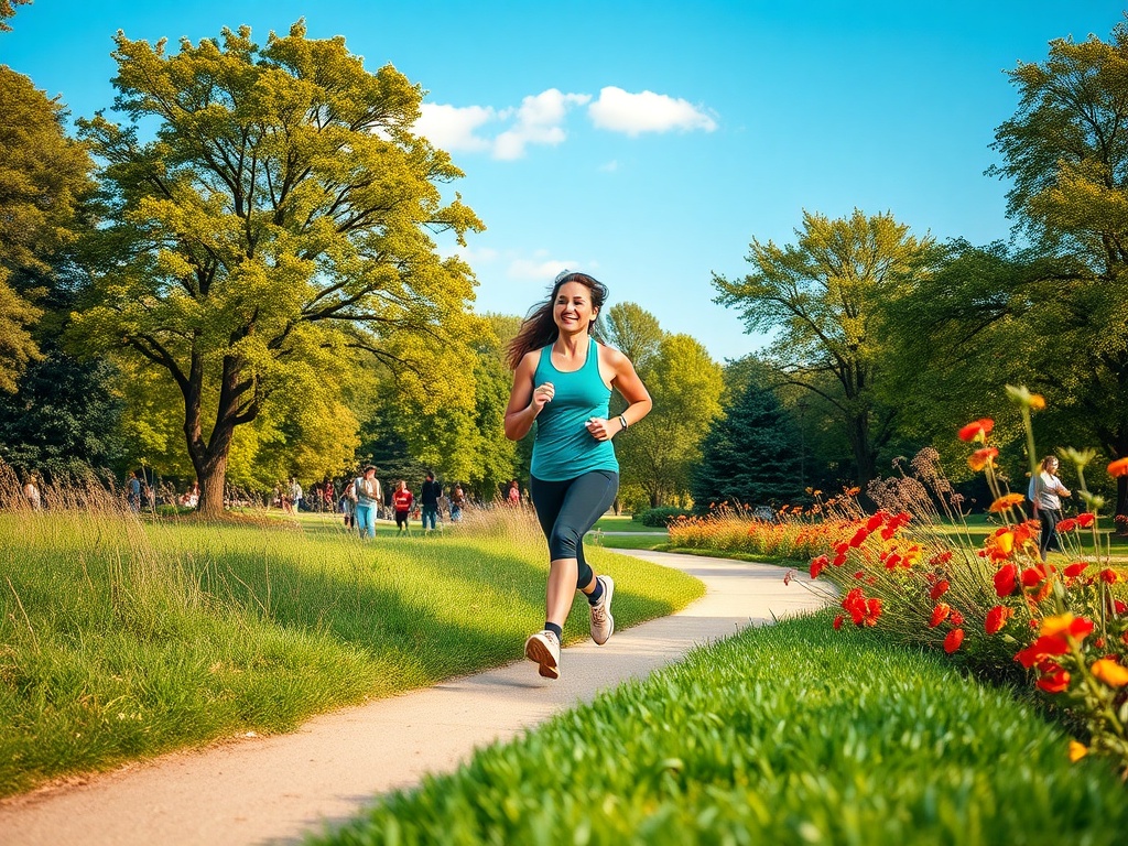 Девушка бегает по парку в солнечный день, наслаждаясь природой и активным образом жизни.