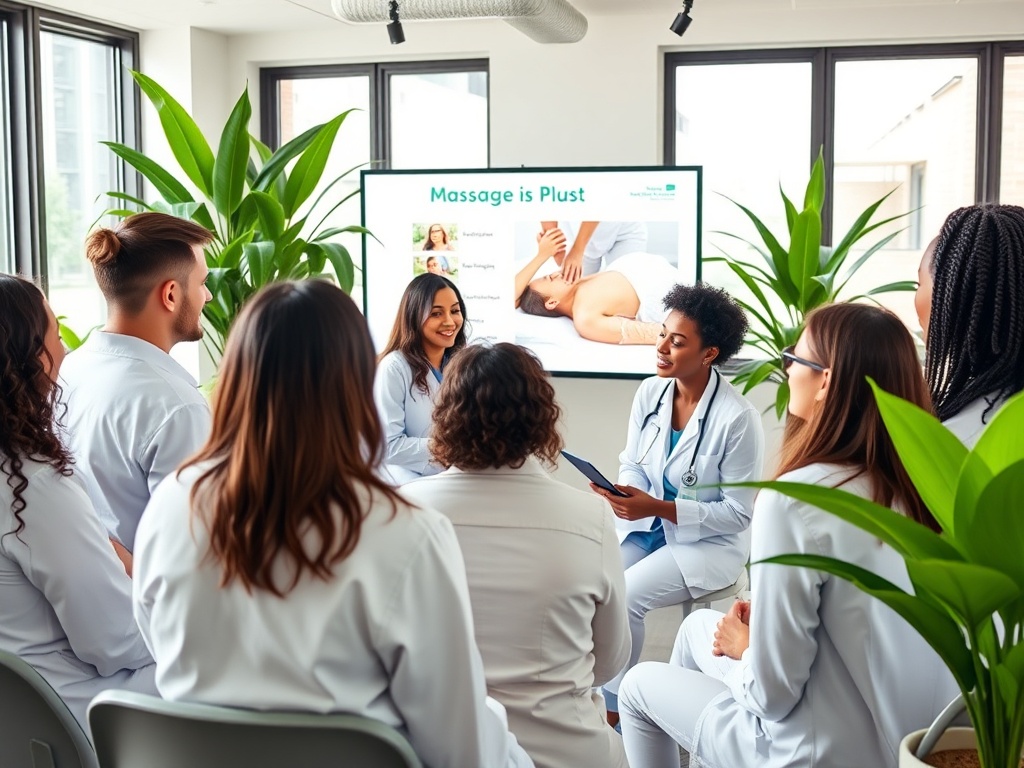 Группа людей в медицинской одежде слушает врача на презентации о массаже в светлом помещении.