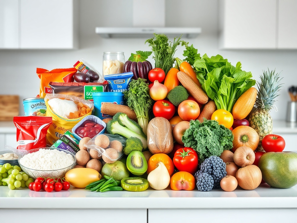 На столе множество свежих овощей, фруктов и продуктов, собранных в одной композиции.