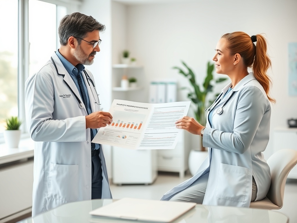 Доктор и врач обсуждают медицинские данные и графики в кабинете, окруженные светом и зелеными растениями.