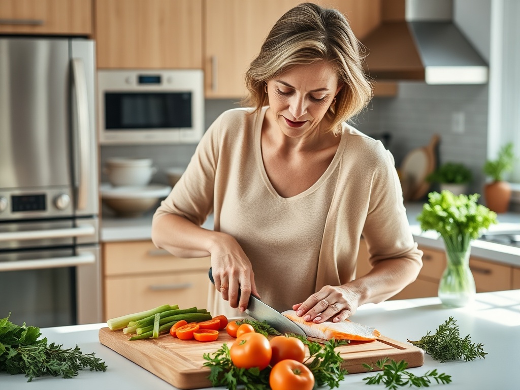Женщина нарезает овощи на кухне, среди зелени и свежих продуктов, с сосредоточенным выражением лица.