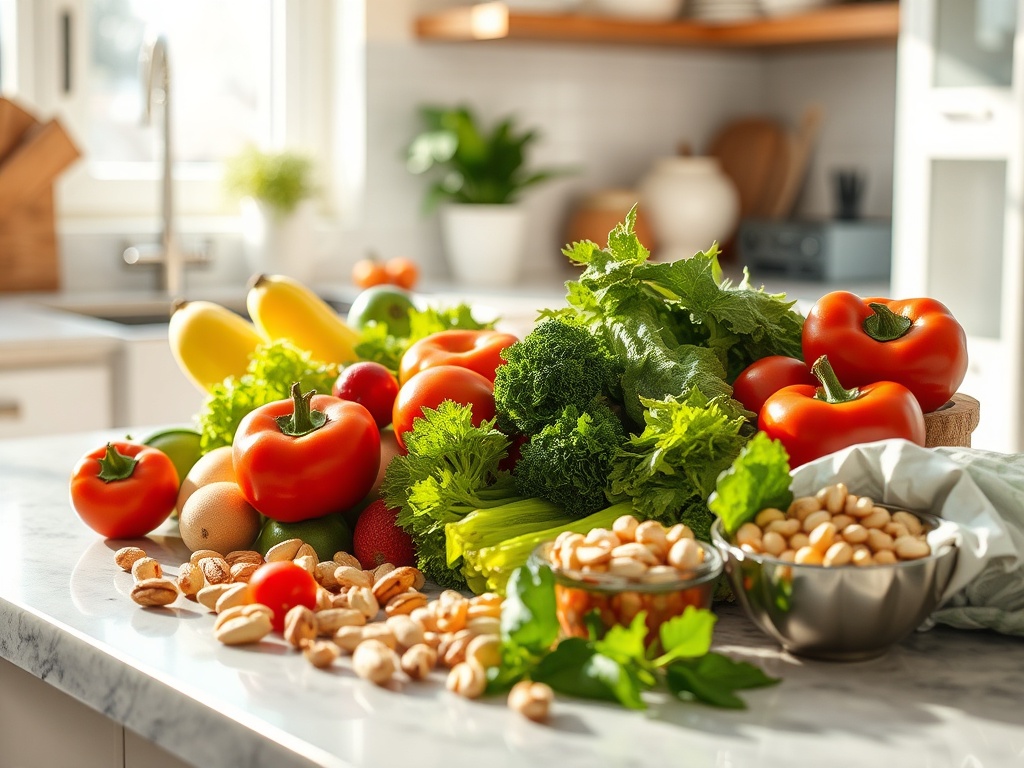 Свежие овощи и фрукты на кухонном столе: перцы, помидоры, зелень, бананы и орехи в солнечном освещении.