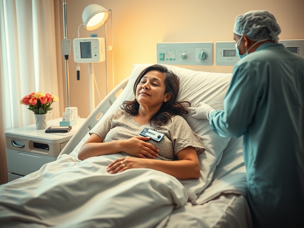 Женщина в hospital bed с медсестрой рядом, спокойно обсуждают её состояние. На столике цветы.