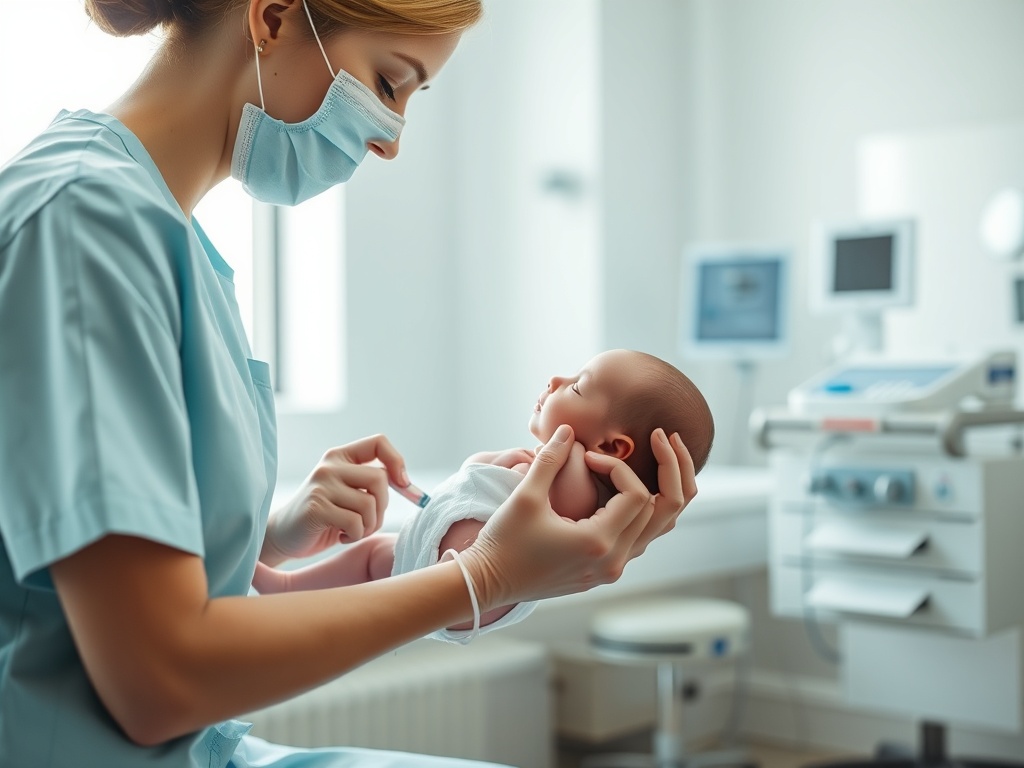 Медсестра в маске держит новорожденного в руках, в фоновом оборудовании медицинского кабинета.