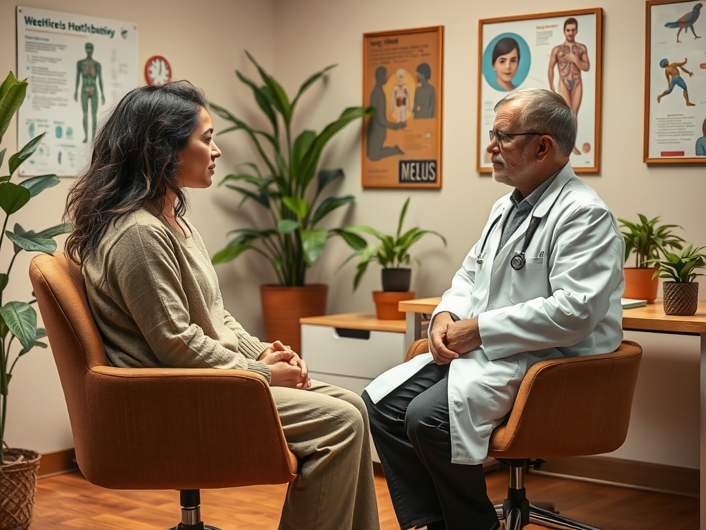 Пациентка беседует с врачом в уютном кабинете, окружённом растениями и медицинскими плакатами.