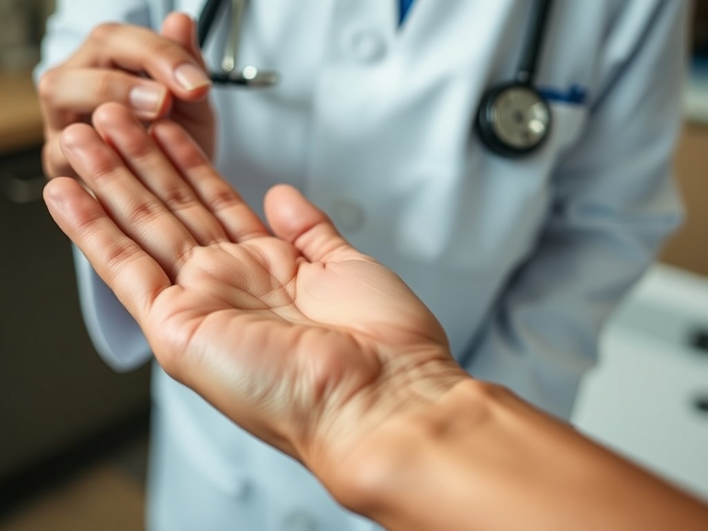 Врач показывает на ладонь пациента, готовясь к осмотру или обсуждению медицинских вопросов.