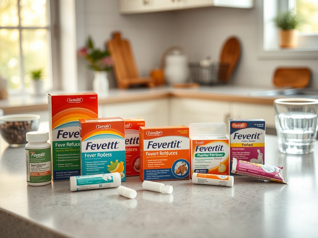 На столе расположены различные лекарства от лихорадки и простуды. Вода в стакане на фоне.
