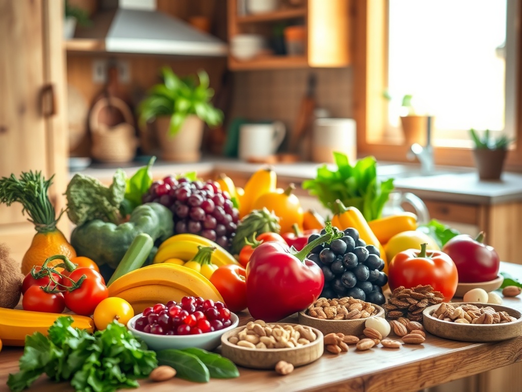На столе в светлой кухне лежат свежие овощи, фрукты и орехи. Яркие цвета и разнообразие впечатляют.