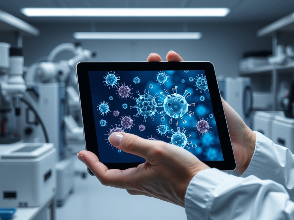 Человек в лабораторной одежде держит планшет с изображением микробов и вирусов. Лаборатория на заднем плане.