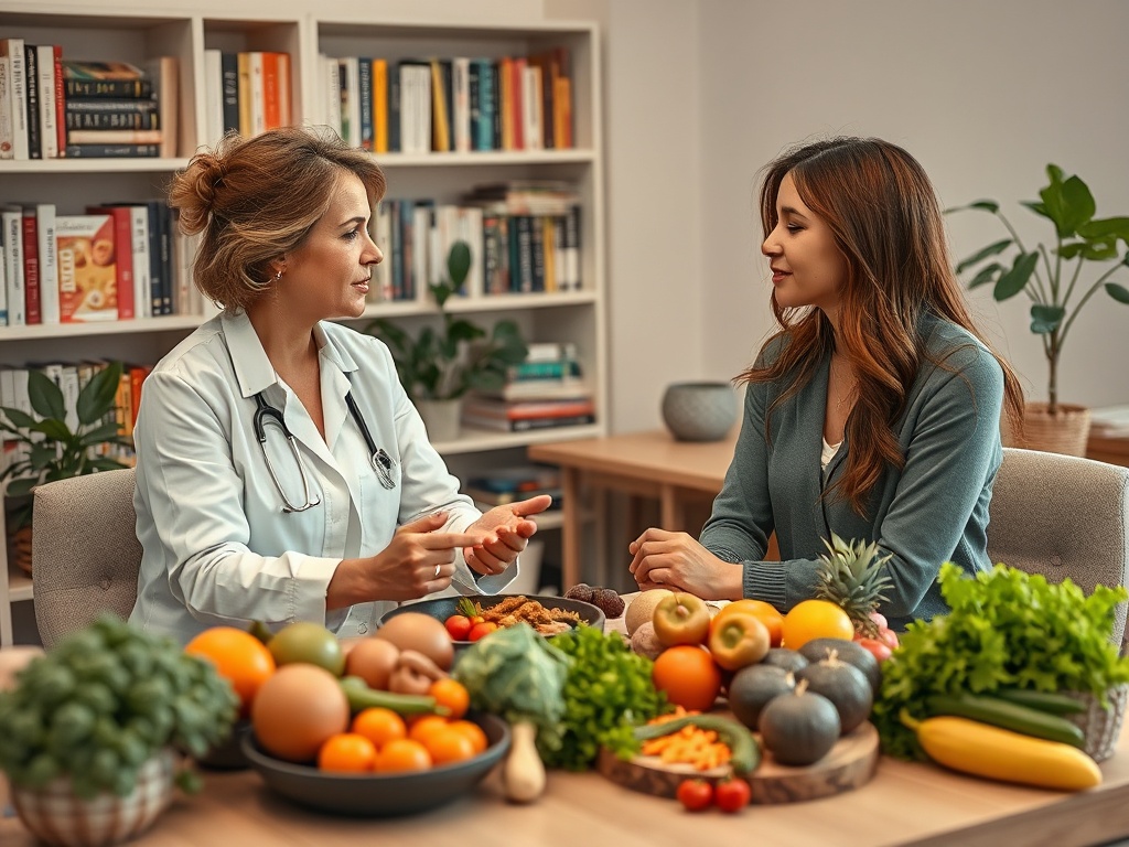 Доктор обсуждает с пациенткой важность здорового питания среди свежих овощей и фруктов.